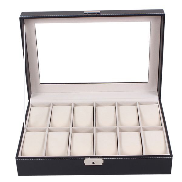 

superior large watch display case jewelry box leather glass 12 slots men black new oct 20, Black;blue