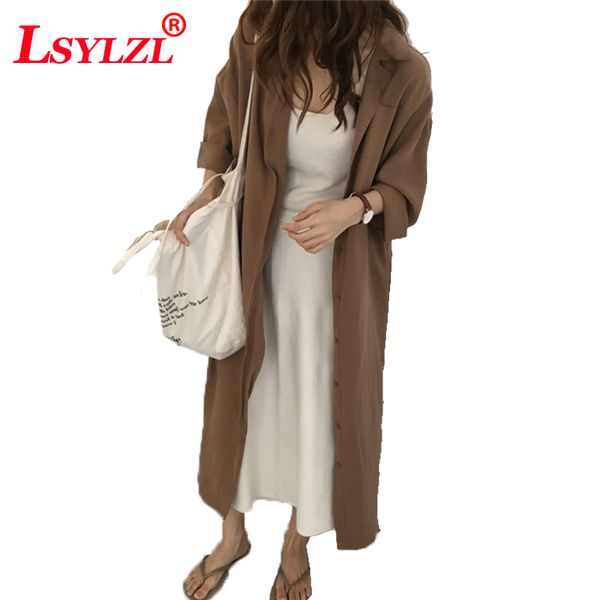 

summer 2018 new korean hong kong flavor chic loose shirt dress tie waist long windbreaker jacket female m1, Tan;black