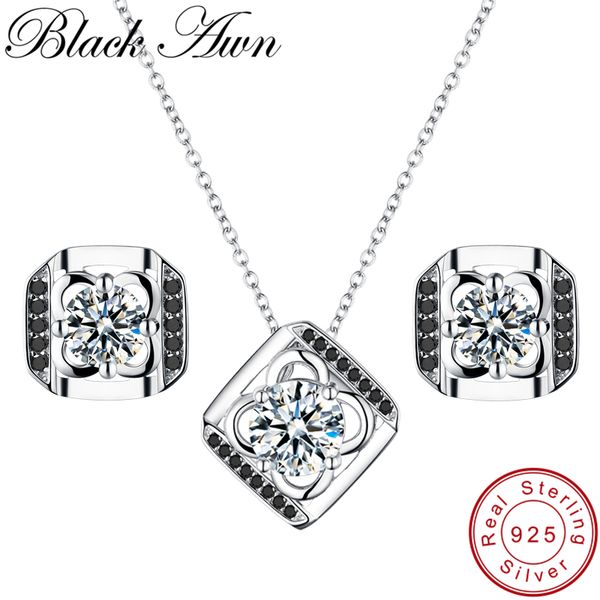 

black awn] wedding genuine 925 sterling silver jewelry sets for women flower pendants necklace & earrings set gift z011