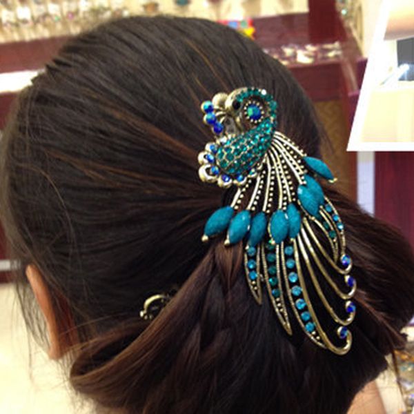 New Women Crystal Rhinestone Peacock Hair Pin Vintage Hair Clip