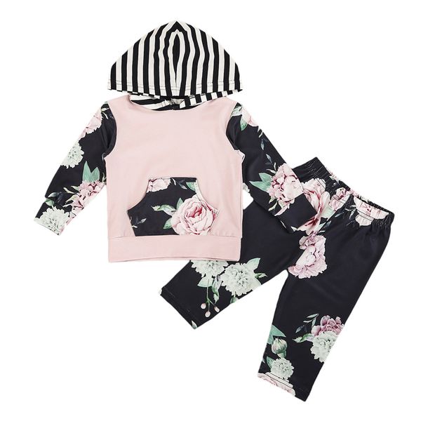 

emmababy 2019 flower clothes set newborn infant baby boys girls floral striped hooded long pants autumn 2pcs outfits set, White