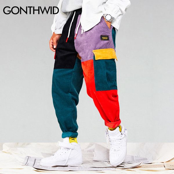 

gonthwid vintage corduroy color block patchwork cargo harem pants 2018 men hip hip harajuku casual jogger sweatpants trousers, Black