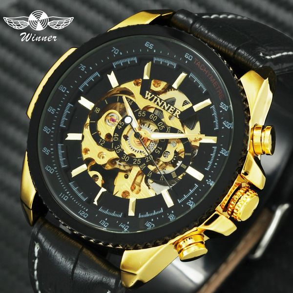 

winner fashion business auto mechanical watch golden skeleton dial leather strap classic mens watches top clock, Slivery;brown