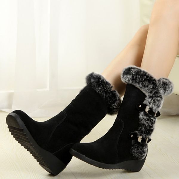 

large size 35-42 women mid-calf boots round toe 3cm wedges ladies shoes outdoor plush fur insole winter warm snow boots, Black