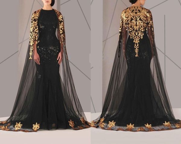 Vestidos de noite muçulmana árabe pretos Tule manto tule ouro e lantejoulas pretas Crew pescoço 2020 Novo vestido formal de sereia de vestido longo 280e
