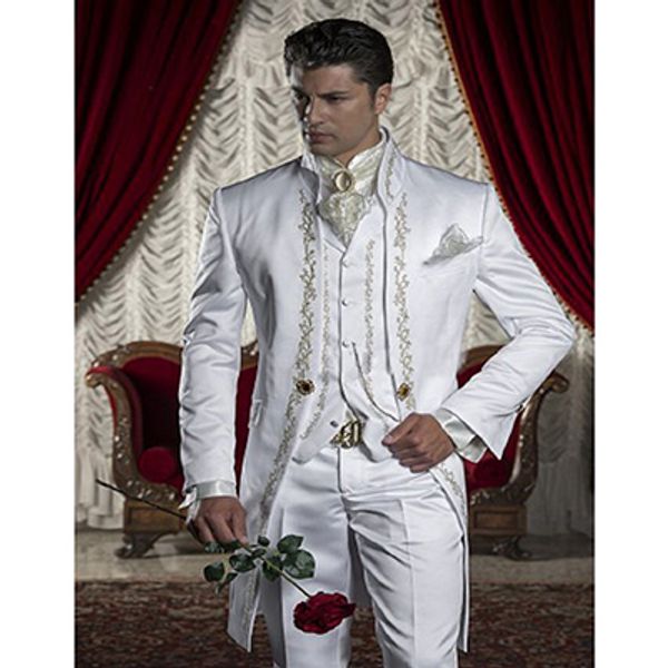 Blazers clássico bordado padrinhos mandarim lapela branco terno masculino para casamento 3 peças (jaqueta + calças + colete + gravata) baile de formatura noivo masculino