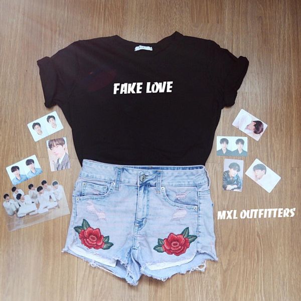 

bts tshirt high street tshirt korean style shirts kpop tee groot fake love clothing harajuku letter print club hip hop, White