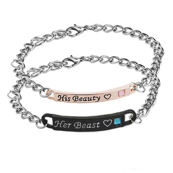 Der Preis für ein neues Armband mit Buchstaben-Diamant-Charms „Seine Königin“, „Ihr König“, „Seine Schönheit“ „Ihr Biest“, 4 Stile Paar-Armband