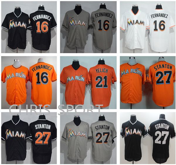 

miami cool base baseball jerseys #16 jose fernandez 21 christian yelich 27 mike stanton majestic player wear, Blue;black