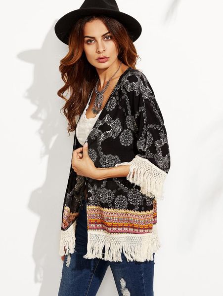 

women summer large size floral white flower printed loose cardigan lady outwear 1/2 sleeve beach causal tassel outer wear c36, Tan;black