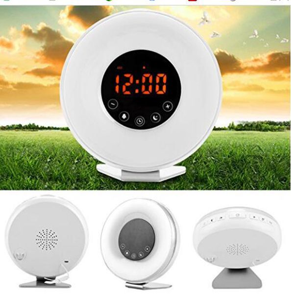 

wake up light sunrise alarm clock colorful led night light,touch control, 6 natural sounds,fm radio,snooze function usb charger