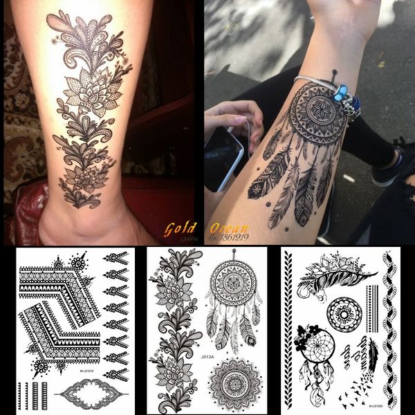 Acheter Chaude Noir Autocollant De Tatouage Au Henné Dreamcatcher Conception Gbj013 Inde Tournesol Grandes Chaînes De Fleur De Mariage Motif Tatouage