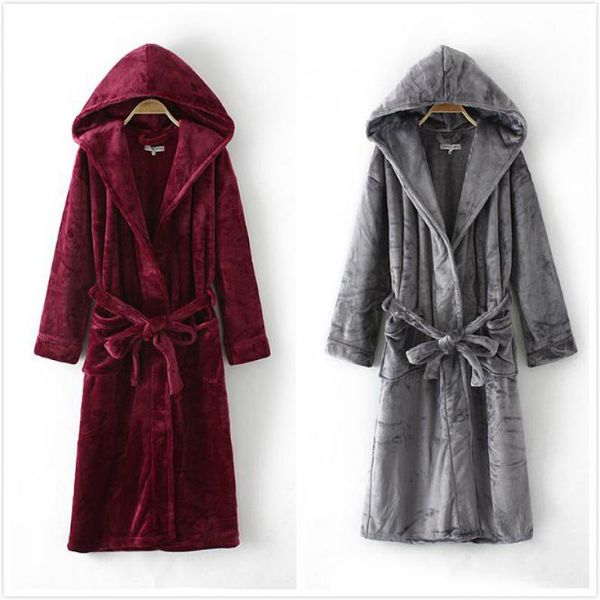 

women winter warm hooded robe solid sleepwear kimono bathrobe long nightgown home dressing gown flannel night dress nightwear, Black;red