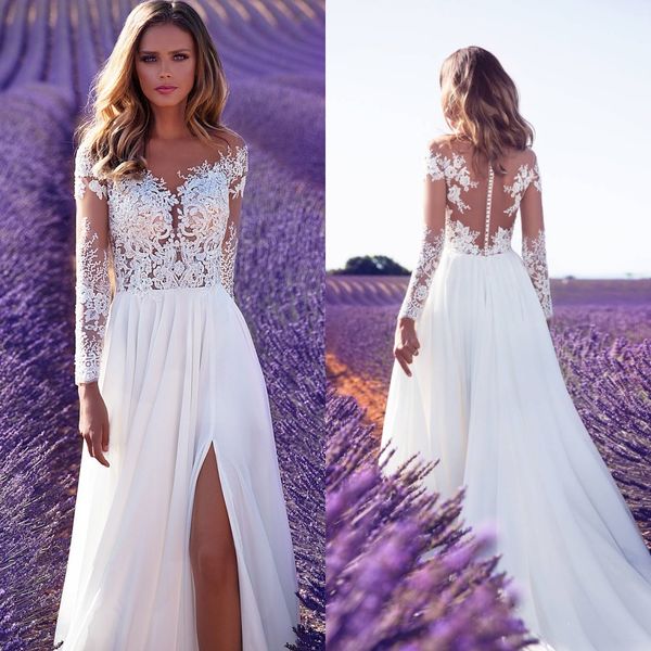 

2019 summer beach milla novia high side split wedding dresses lace sheer neck a-line sweep train chiffon wedding bridal gowns custom made