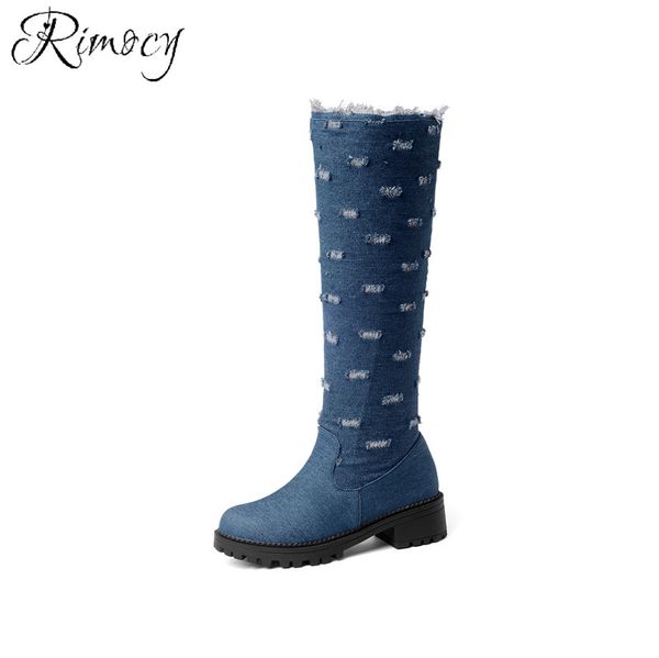 

rimocy women denim knee high boots square med heels winter shoes woman round toe side zipper blue ladies snow boots size 34-46, Black
