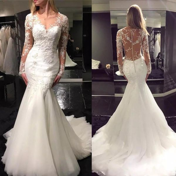 

long sleeve sheer jewel neck lace appliques bridal dresses charming tulle mermaid wedding dresses custom made wedding gowns, White