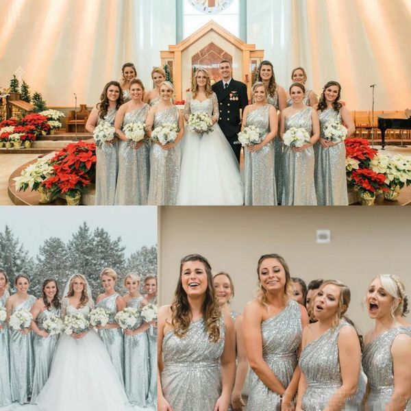 

Modest Silver Wedding Bridesmaid Dresses with One Shoulder Sequin Mismatched Wedding Maid of Honor Gowns Women Party Formal Wear