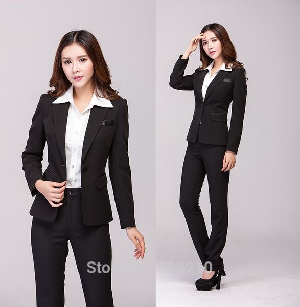 

plus size 4xl 2015 autumn winter professional business work wear suits for office ladies jacket and pants formal pantsuits, White;black