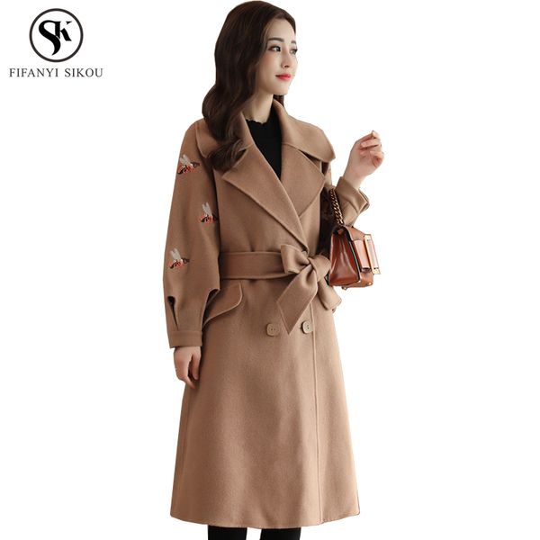 

winter new fashion slim wool caot women double breasted belt embroidery long woolen coat female plus size casual overcoat lp157, Black
