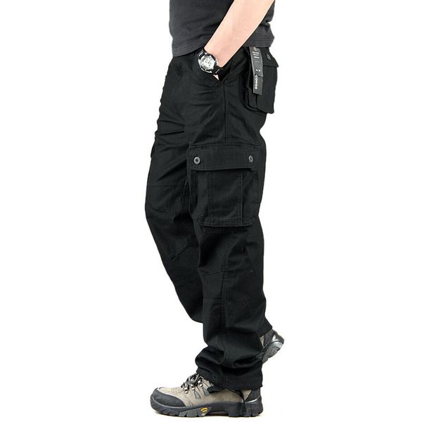 

men's cargo pants casual mens pant multi pocket overall men outdoors long trousers 30-44 plus size, Black