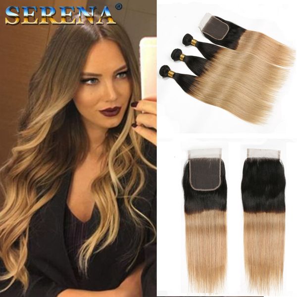 

T 1b 27 dark root honey blonde traight ombre human hair weave 3 bundle with clo ure brazilian virgin hair exten ion human hair bundle