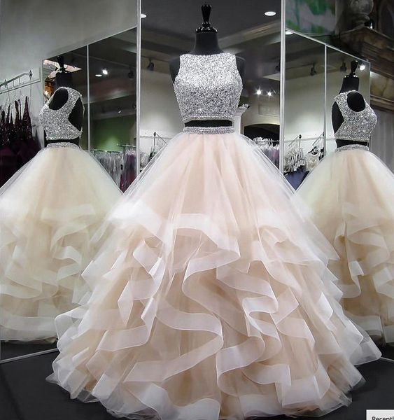 

two pieces tulle ball gowns quinceanera dresses 2018 beaded stones layered ruffles backless prom gowns sweety girls 16 years dresses, Blue;red