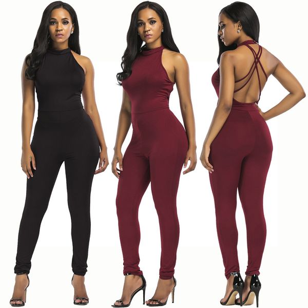 

2017 backless halter cross irregular solid slim women jumpsuit, Black;white