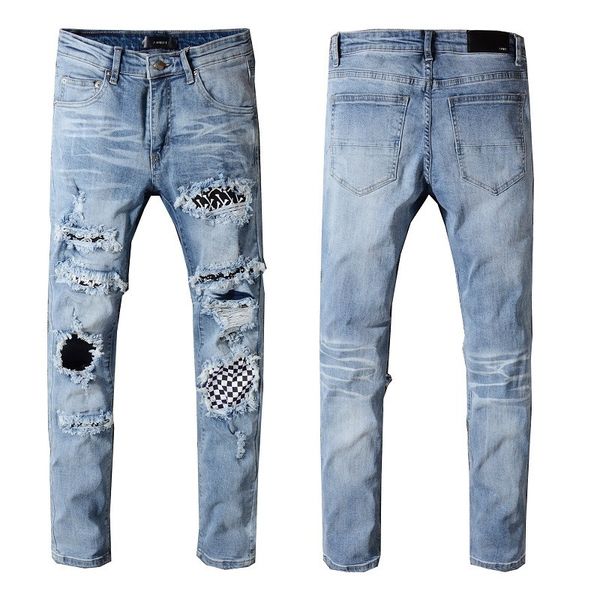 

casual designer jeans fashion men's streetwear style jeans mens distressed ripped denim pants classic straight denim brand jeans, Blue