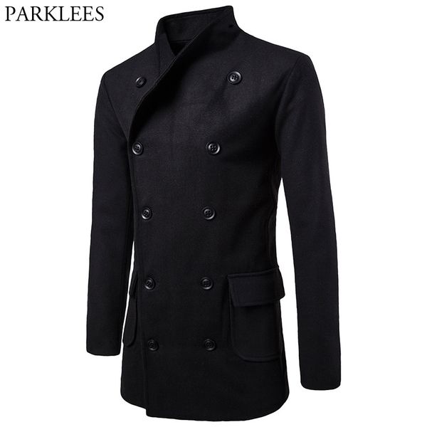 

men's double breasted long trench coat 2018 autumn winter longline woolen pea coat men brand slim fit overcoat windbreaker black