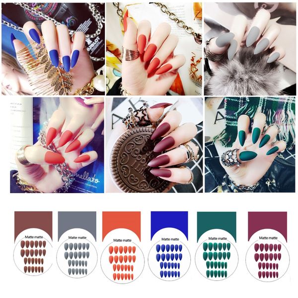 

24pcs matte false short pointed soft pink nude red black blue fake stiletto nails full cover pure color purple +2 pcs glue, Red;gold