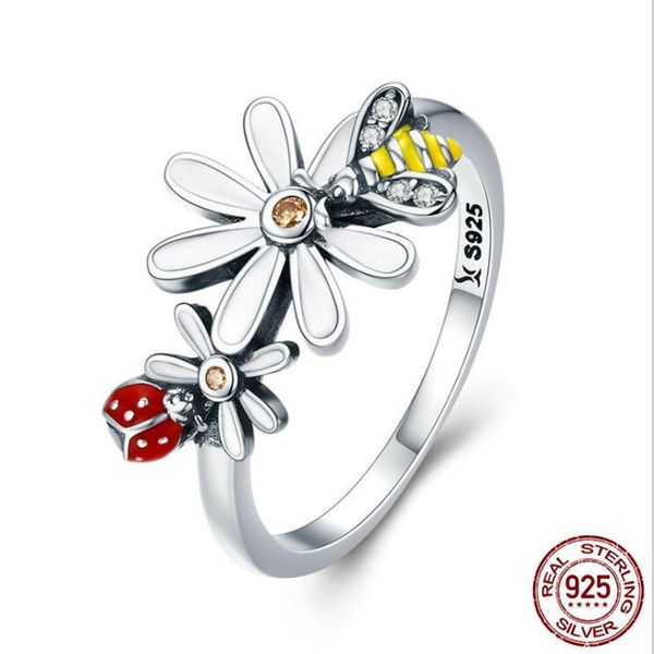 

2018 new 925 sterling silver flowers bee ladybug rings cluster ring cubic zironia leaf design fashion s925 rings, Golden;silver
