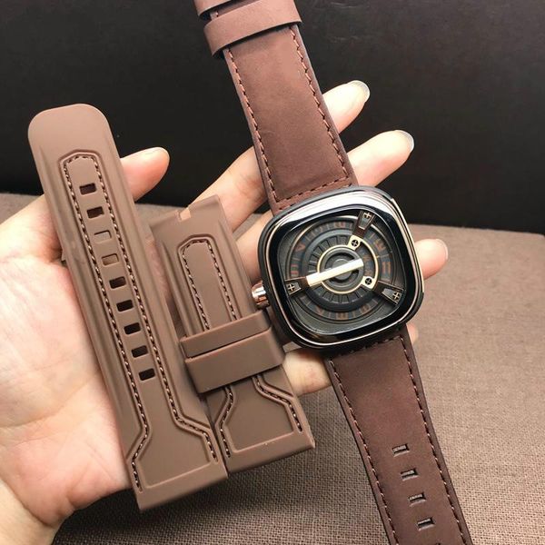 

sf-m2 /02 style brand watch miyota82s7 mechanical movement thickened mineral glass layer leather strap 47*13mm, Slivery;brown