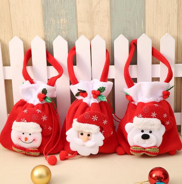 Regalo natalizio in tessuto spazzolato Hnadbag Toy Xmas Candy Packaging Bag Cartoon Print Sacchetti regalo pupazzo di neve Babbo Natale
