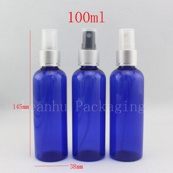 wholesale Flaconi spray in PET rotondi blu da 100 ml X 50 per acqua, pompa spruzzatore per ugelli anodizzati da 100 cc, flacone spray per nebulizzazione cosmetica