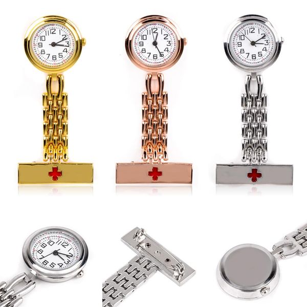 

shellhard 1pc round dial red cross nurse watches 3 colors brooch fob quartz nurse clip on hanging medical pocket watch, Slivery;golden