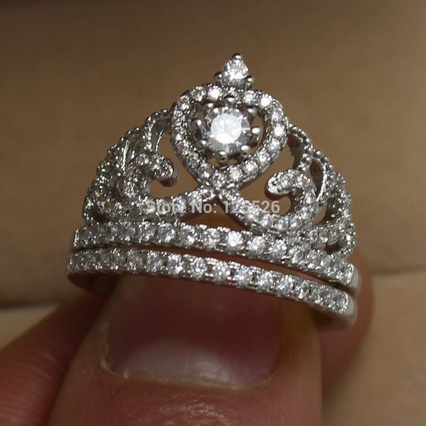 

choucong stunning crown set stone 5a zircon stone 925 sterling silver wedding band ring set sz 5-11 gift, Slivery;golden