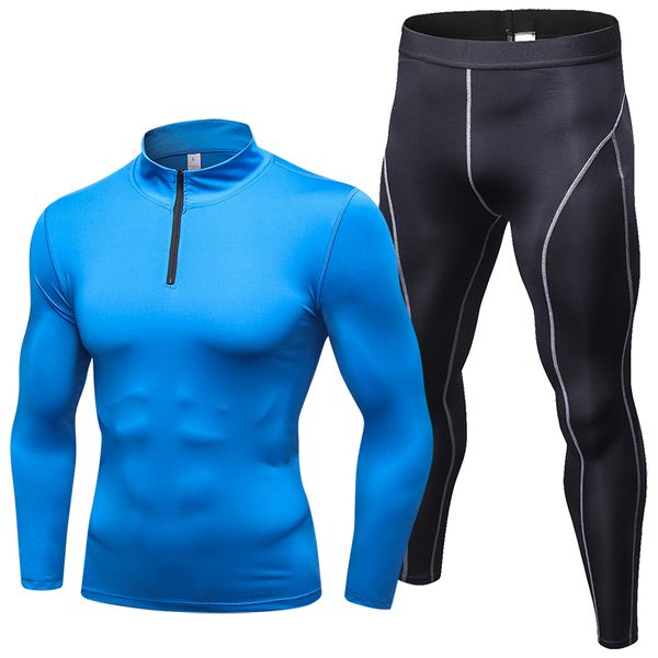 

men autumn spring long sleeve clothing set running sportswear tight quick dry bodybuilding fitness gym men's tracksuits, Black;blue