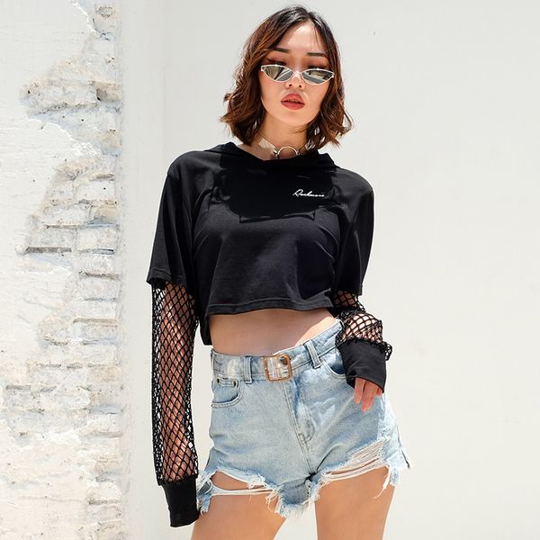 

2018 autumn women mesh patchwork cropped sweatshirts long sleeve casual loose short hoodies black crewneck knitted pullovers