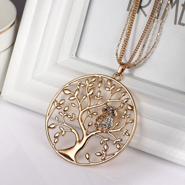 

owl life tree necklace pendant necklace jewelry accessory women fashion silver rose gold color chain crystal long necklaces pendants