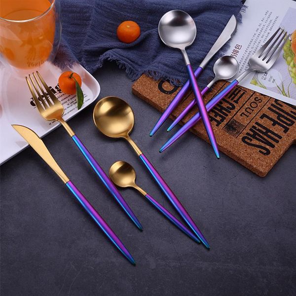 

stainless steel colorful western cutlery spoon fork knife dinnerware luxury gold silver delicate flatware long handle 50pcs t1i845