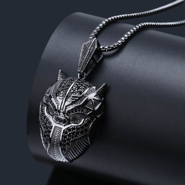 

iced out cartoon black mask pendant necklace micro paved black zircon men women charm jewelry gift, Silver