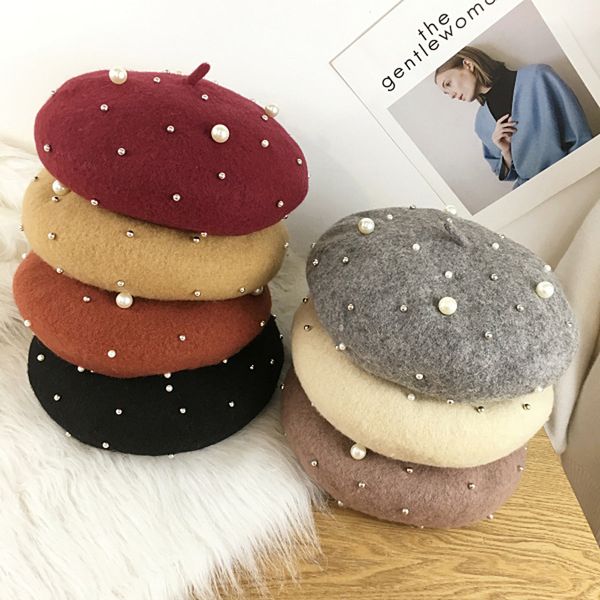 

1pc autumn winter berets pearl rivets vintage cashmere female 100% wool hats warm womens beret hats for girls painter cap, Blue;gray