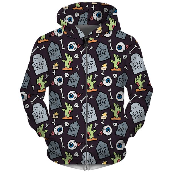 

cloudstyle 2018 new winter zipper hoodies male 3d full printed zombies hand tombstone hooded funny sweatshirt zip up, Black