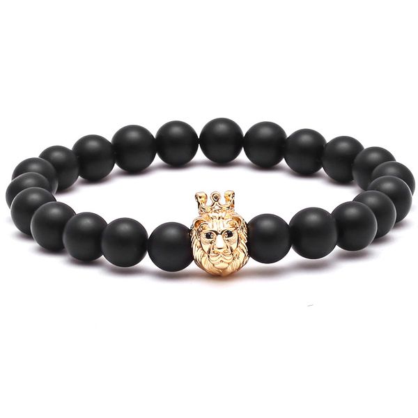 Buddha Natural Pedra Bead Pulseira Ouro Lion Head Crown King Charms Bangle Jóias de Natal