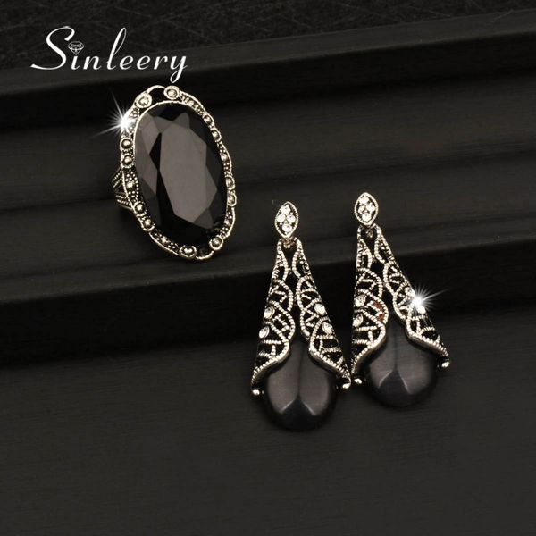 

sinleery vintage antique silver color jewelry set for women opal dangle earrings and big oval rings set 2pcs/set tz234