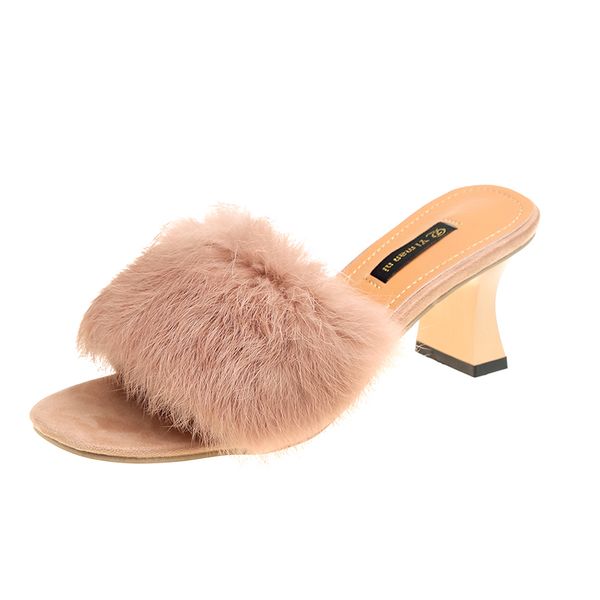 

fashion women summer slippers open toe feather decor 6cm high hoof heels shoes spring summer indoor outside women slippers, Black