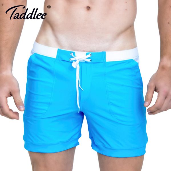 

taddlee brand men swimwear swim boxer trunks beach board shorts plus big size solid color basic men's swimsuits