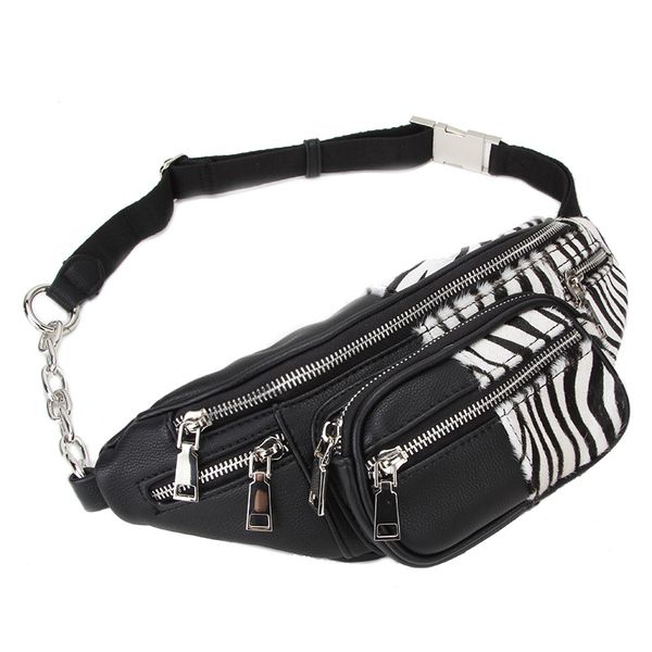 

quality zebra pattern hair stitching sheepskin chain waist bag bananka travel fanny pack women catwalk belly band belt bag