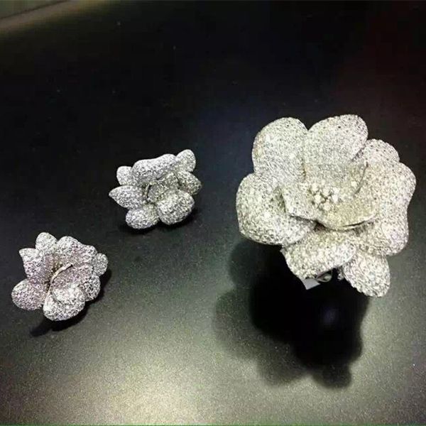 

designer fashion 925 sterling silver jewelry 3a cubic zirconia ring/earring flower set, Black