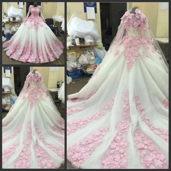 

pink 3d floral formal evening dresses jewel sheer neck long sleeves prom dresses court train tiered skirts lace up custom made bridal gowns, Black;red